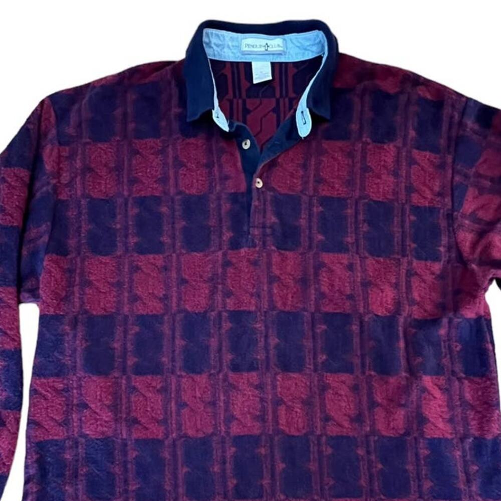 VTG '90s Penguin Club Burgundy & Blue All Over Rugby Long Sleeve Polo Shirt‎ XL